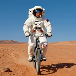 centre portrait of an astronaut riding a bicycle on the mars!! symmetry, retro 8 0 s style, colourful, realistic illustration, art by peter elson,