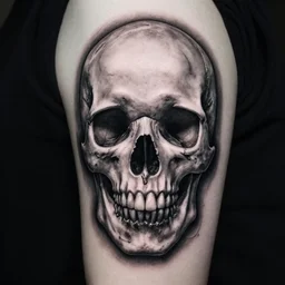 a tattoo design with a creative skull, in the style of den yakovlev, hyper realistic, black and white, realism, highly detailed