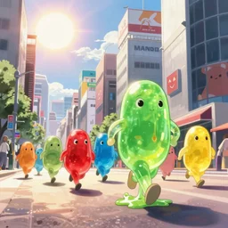 memorable animation key shot, low angle, running away from red, blue, green and yellow translucent jelly bean golem melts in the hot sun, shinjuku, heatwave, by mandy jurgens, by satoshi kon, ilya repin, shinji kimura, william turner, pastel color palette