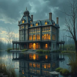 a beautiful very detailed painting of manor building unfinished building urbex architecture abandoned nature industrial architecture by ludwig mies van der rohe, water apocalyptic at night otherworldly postcyberpunk made of glass at summer scumm bar, archdaily, wallpaper, highly detailed, trending on artstation.