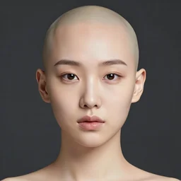 photograph portrait bald korean japanese goddess of beauty neutral expression face straight on headshot even lighting no hair texture character creator 4