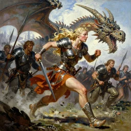 An oil painting of a beautiful blonde viking woman sprinting into battle, armor, by Frank Frazetta, Greg Rutkowski, Boris Vallejo, Neal Hanson, Christian MacNevin, epic fantasy character art, goddess of war, high fantasy, Exquisite detail, post-processing, low angle, masterpiece, cinematic, colossal dragon in background