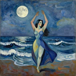woman dancing by the ocean waves, the moon is overhead, she raises her hands towards the sky, abstract art in the style of cubism and georgia o keefe