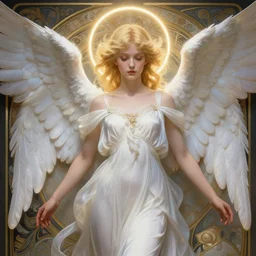 winged girl angel with blonde hair and glowing halo, fantasy, intricate, elegant, highly detailed, digital painting, artstation, concept art, smooth, sharp focus, illustration, art by krenz cushart and artem demura and alphonse mucha