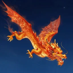 digital illustration of a chinese fire dragon flying through the night sky by tang sin yun, artstation, deviantart