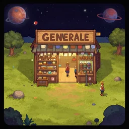 in front of a [ [ [ general store ] ] ] in a remote outpost, on an alien planet, from a space themed point and click 2 d graphic adventure game, art inspired by thomas kinkade and mark keathley