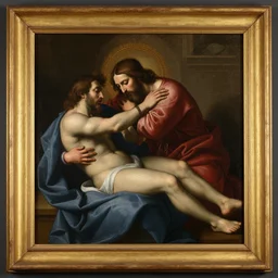 The Passion of Paul Rudd, detailed oil painting, El Greco, Velazquez, gilded frame, religious art, 4k UHD