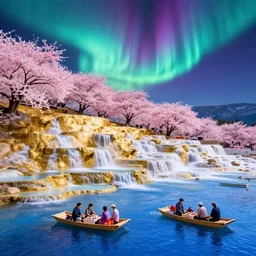 floating markets of dotonbori osaka on waters flowing down gold travertine terraces in royal blue antelope canyon during sakura season on an interstellar aurora borealis, pink waterfalls, vendors, festivals, fun, by peter mohrbacher, james jean, james gilleard, greg rutkowski, vincent di fate, rule of thirds, octane render, beautiful landscape