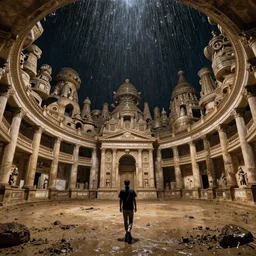pov one man walking in a giant ancient ballroom neoclassical buildings, troglodyte temples in a deep spiral, high quality, mud, rain, by night, ultra wide lens, anamorphic, by boticelli