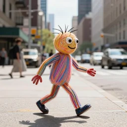 a creature made of crayon scribbles walking around the real world in new york in broad daylight