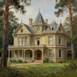 portrait of a large victorian stately home in a pine forest, well lit, detailed, cinematic lighting, oil painting