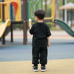 boy with ice cream in the playground, black clothes, leyendecker style, away from the camera
