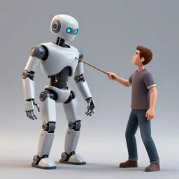 a photorealistic 3 d render made in blender of a robot being poked by a man with a stick