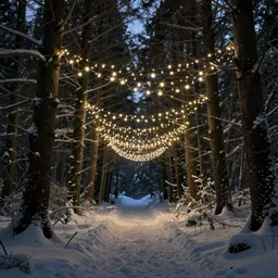 fairy lights floating in winter forest, artstation winter landscapes, dark fantasy, fey lighting