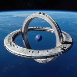 intergalactic stargate portal on a planet with a ocean in the background by thomas kinkaid