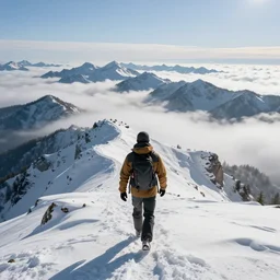 a hyper detailed photo of walking across a summit of a beautiful winter mountain range above the clouds, snow, photorealistic, unreal engine 5, 8 k post production, cinematographic, ray tracing, v - ray, octane render, go pro, artstation trending, concept art