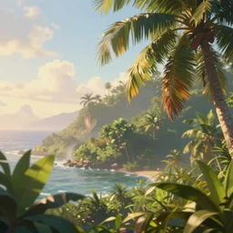 a cinematic extreme close - up tropical morning, shallow depth of field, highly detailed, digital painting, trending artstation, concept art, illustration, cinematic lighting, vibrant colors, photorealism, epic, octane render