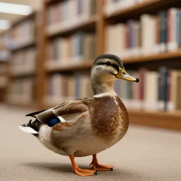 8 5 mm photography of a duck at a library with dof and bokeh and book shelves out of focus in the background. highly detailed 8 k. intricate. lifelike. soft diffused light. nikon d 8 5 0.