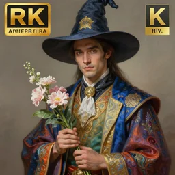an anthropomorphic beautiful male scientist portrait holding a flowers wearing colourful robe, fine art, award winning, intricate, elegant, sharp focus, octane render, hyperrealistic, wizard hat cinematic lighting, highly detailed, digital painting, 8 k concept art, art by jamie hewlett and z. w. gu, masterpiece, trending on artstation, 8 k