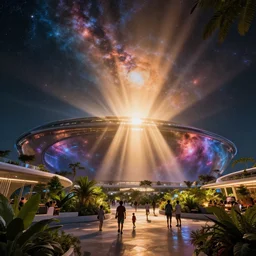 colossal spaceship stadium, design by zaha hadid, beautiful nebulas, dramatic warm and cold lighting. light shafts and god rays. families enjoying themselves, lush plants, architectural photography, 8 k, realistic lighting, reflections, bloom, hyperdetailed environment, pbr materials.