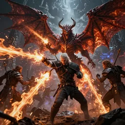 seductive ciri epic battle against a winged demon, magic shooting forth from different directions, the witcher, fire detail, phoenix power, cosmic detail, fierce combat, sharp details, artstation hq, epic fantasy, cinematic lighting, photorealism, 8 k.
