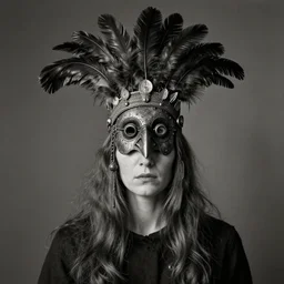 photographic portrait max ernst sad woman crow feathers face headdress antique puppet
