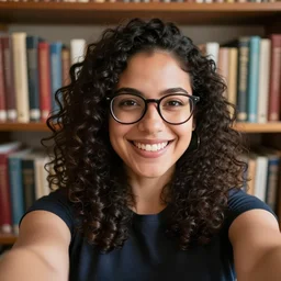 A selfie of a smiling librarian latina girl with curly hair and glasses with some books behind while she smiles at the camera. 4K ultra hd, super detailed, studio lighting, portrait photo.