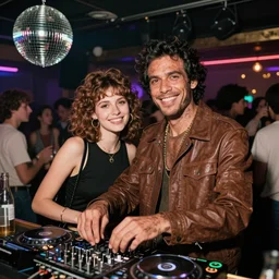 photo of homoerectus as dj and bartender in 8 0 s disco club. they look at the camera and smile. in crowded pub