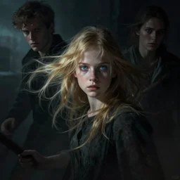 a photorealistic dramatic fantasy render of a young girl with blonde hair and blue eyes by wlop, artgerm, greg rutkowski, alphonse mucha, beautiful dynamic dramatic dark moody lighting, shadows, cinematic atmosphere, artstation, concept design art, octane render, 8 k