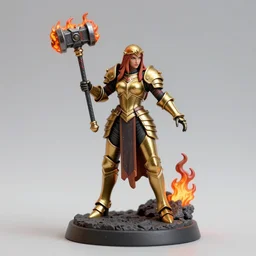 80mm resin detailed miniature of a heavily armored woman, fantasy, Product Introduction, golden armor, wielding a flaming warhammer, 4K