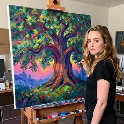 beautiful winona ryder, at her art studio, stands at her easel painting a monstrous oak like psychedelic painting of gwyneth paltrow as a horrible monster in vibrant colors