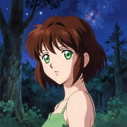 anime girl with short brown hair and green eyes, beautiful trees and night sky with stars and galaxies, trending on artstation, by ilya kuvshinov, thomas kinkade, artgerm