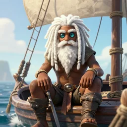 a glass - eyed, white - bearded character with white rastafarian hair sitting on a sloop, sea of thieves screenshot, unreal engine, sun, digital art