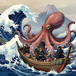epic modern ukiyo - e, samurais on a boat attacked by a giant octopus, large waves, volcano in the background, detailed, digital painting, artstation, concept art, breathtaking, 8 k resolution, extremely detailed, beautiful, establishing shot, artistic, hyperrealistic, octane render