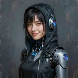 portrait painting of a female japanese cyberpunk android hacker, beautiful, smirk, unreal render, cinematic lighting, art 1 9 2 0 period drama by bussiere rutkowski andreas rocha