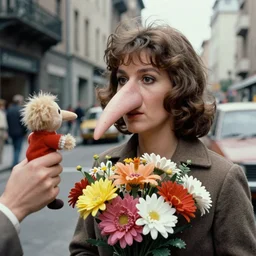1972 woman on tv show with a long prosthetic snout nose, big nostrils, wearing flowers in the city 1972 color archival footage color film 16mm Fellini Almodovar John Waters Russ Meyer with hand puppet