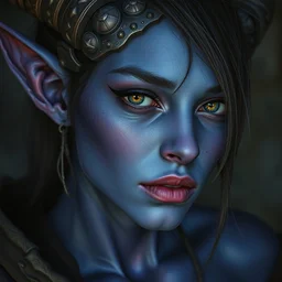 a shy purple skin tiefling woman, blue skin, beautiful portrait by daniel docciu and christophe young