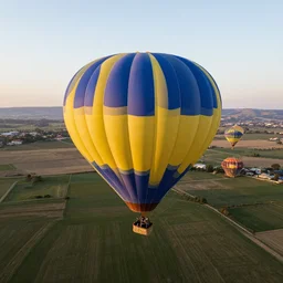 hot air balloon, beautiful landscape, bird's eye view