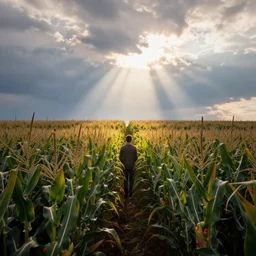 god rays illuminating a single man in a corn field, cloudy sky, pictorialism, colorful!!