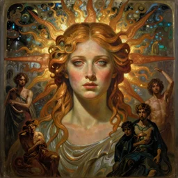stunning, breathtaking, awe-inspiring award-winning concept art nouveau painting of attractive Tilda Swinton as the goddess of the sun, with anxious, piercing eyes, by Alphonse Mucha, Michael Whelan, William Adolphe Bouguereau, John Williams Waterhouse, and Donato Giancola, cyberpunk, extremely moody lighting, glowing light and shadow, atmospheric, cinematic, 8K
