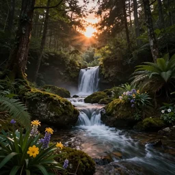 landscape photography by marc adamus, a stream in the forest waterfall, flowers, sunset, dramatic lighting, beautiful