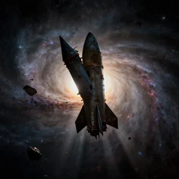 a derelict rocket floating on the edge of a dark nebula with a spiral galaxy in the background, debris rocks metal, silhouette, close up, crepuscular rays, dramatic lighting, cinematic, science fiction, style of 1 9 7 0 s alien, spooky, moody, octane render 4 k
