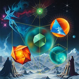 platonic solids by beeple, artgerm, salvador dali, bruce pennington, frank, stella, makoto shinkai, angus mckie, alex grey, don bluth, akira toriyama, chris moore, kaja foglio, andre masson, dr. suess, brian despain, chesley bonestell. symbolism, surrealism, artstation, 8