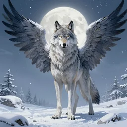 azure wolf with wings, standing facing front, regal, elegant, winter, snow, moonlit, hd, illustration, epic, d & d, fantasy, intricate, elegant, highly detailed, digital painting, artstation, concept art, smooth, sharp focus, illustration, wallpaper, art by artgerm and greg rutkowski and alphonse mucha and jin xiaodi