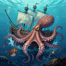 a giant octopus is devouring a pirate ship in the wild sea