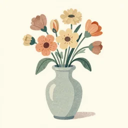 matchbox vintage illustration of a vase with flowers, muted colors, cmyk