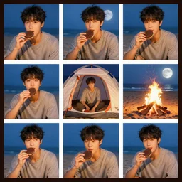 a collection of photos of moon taeil eating a chocolate moon pie while he being inside of a rounded tent on the beach in front of a campfire, art by alex gross