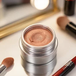 apple butter as an eyeshadow, in a tiny silver jar, makeup tutorial, glitter, ambient lighting, vanity, high - res, highly detailed