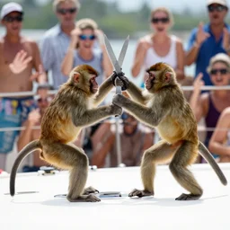 two monkeys fighting with knives on a yatch, people cheering aaround