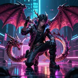 cyberpunk wizard summoning a dragon, fine detail, 4 k, neon lighting, surface refelctions